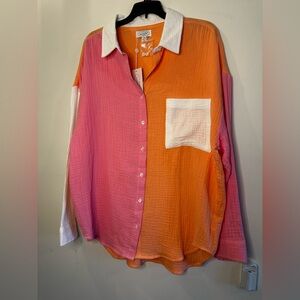 Mud Pie Pink and Orange Colorblock Gauze Shirt with White Collar